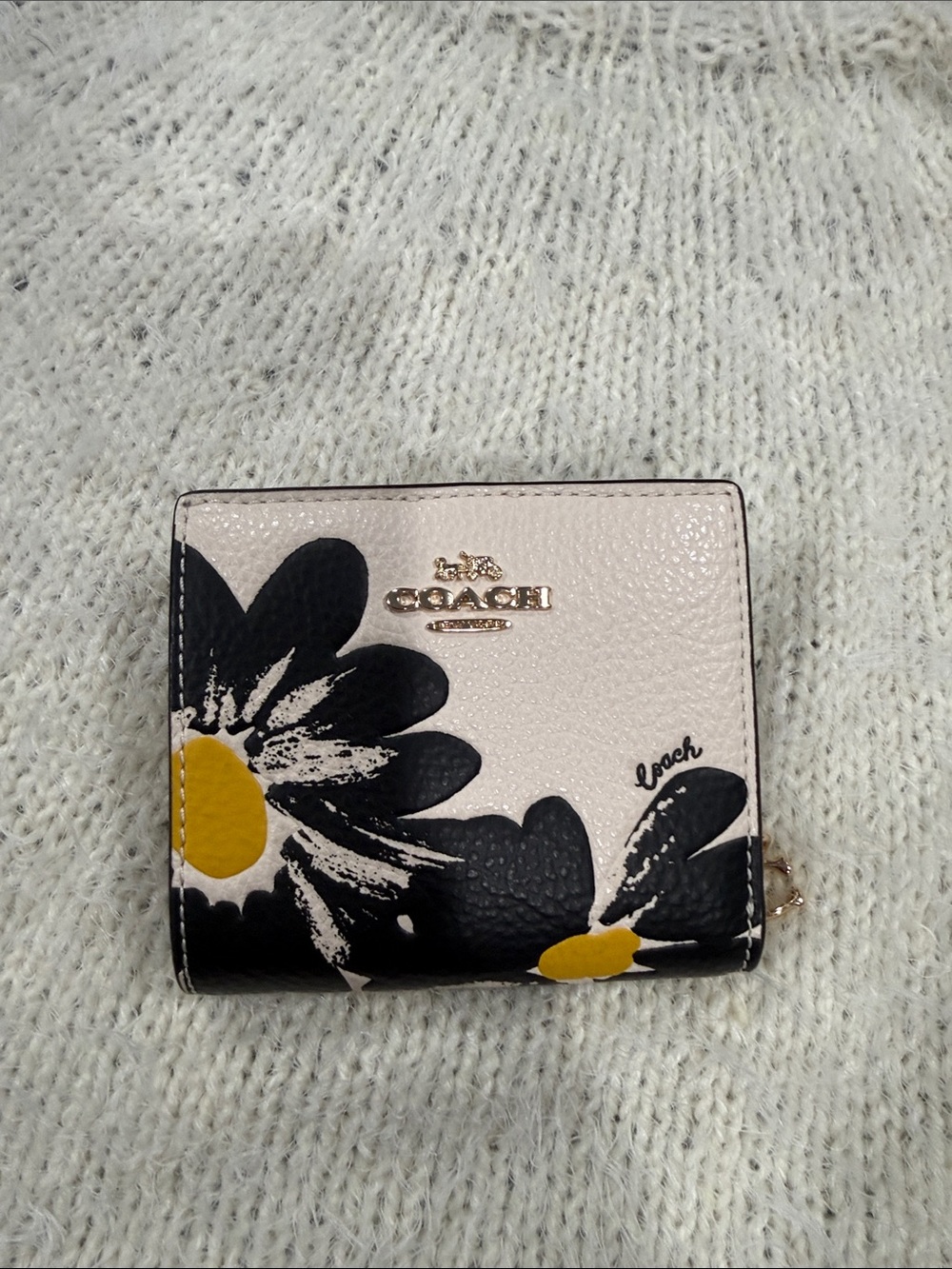 Coach Small Floral Pebbled Leather Wallet in White, Black & Yellow